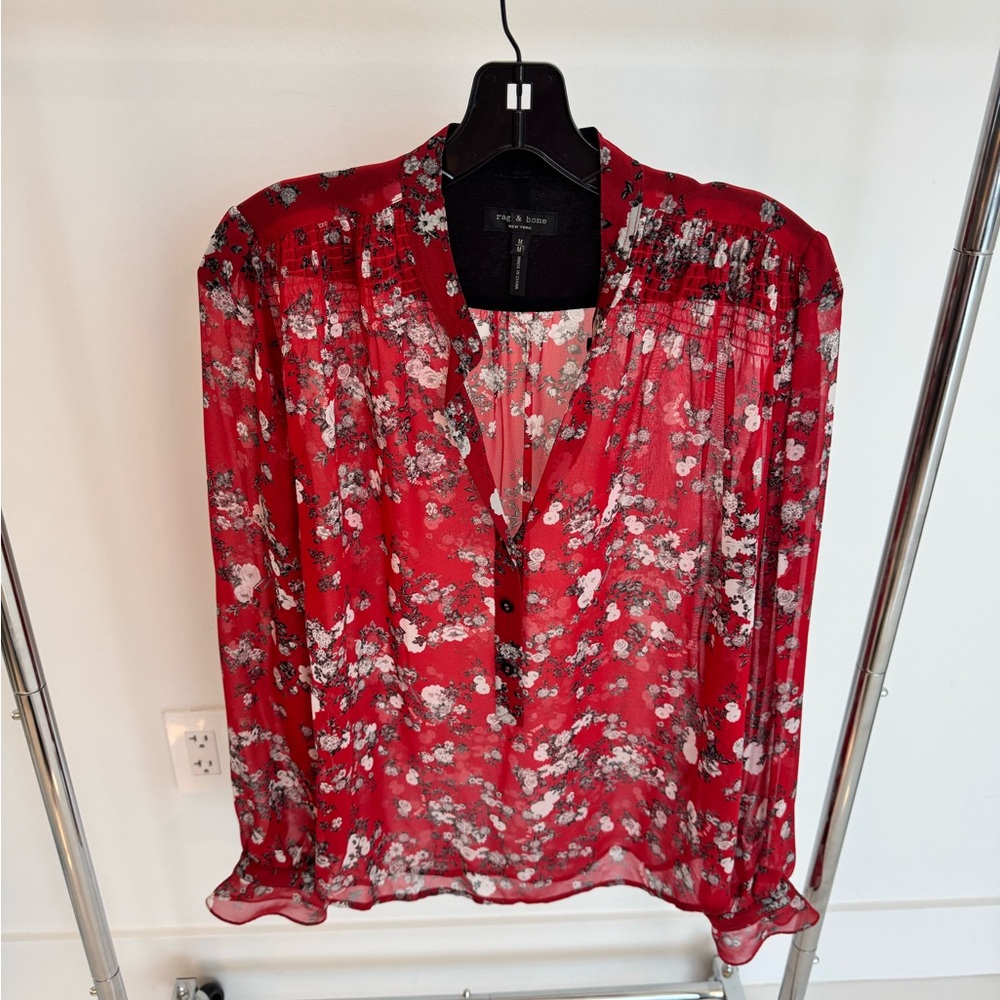 Rag & Bone Red Ruffled Mandarin Collar Blouse